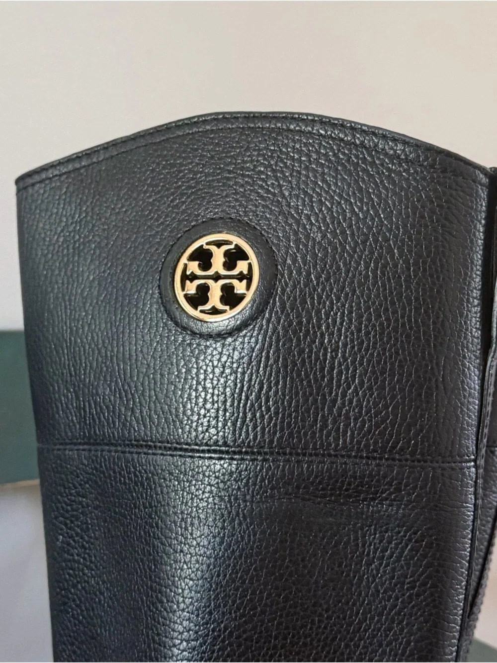 Tory Burch Black Tumbled Leather Pull On Junction Equestrian Riding Boots Gold 8